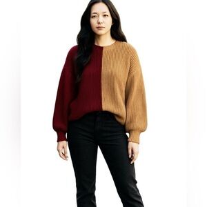 Cinq a Sept Mari Two Tone Colorblocked Chunky Knit Sweater